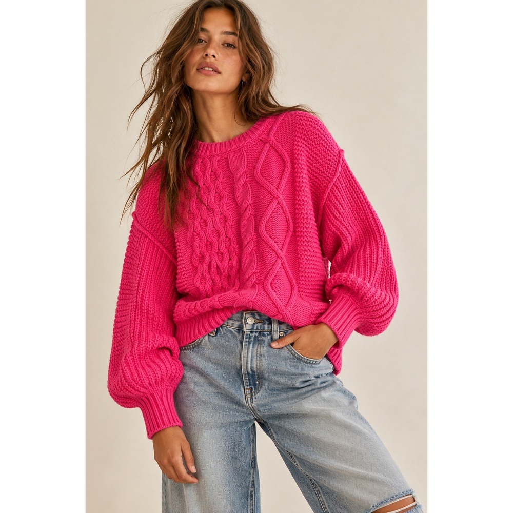 Free People Hot Pink Cable Knit Lantern Sleeve Crew Neck Sweater XS OB1343351